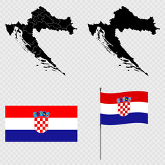 Obraz premium Set of maps, flag and flagpole of Croatia. Vector illustration.
