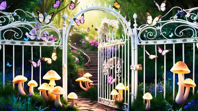 An enchanting garden gate crafted from white wrought iron, adorned with delicate butterflies and luminous mushrooms