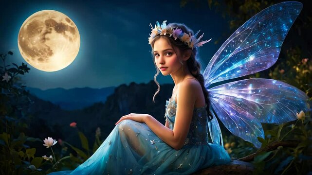 A beautiful fairy and the moon, dreamy atmospheric animation