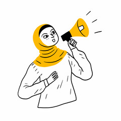 A woman wearing a yellow hijab holding a megaphone. It represents themes like communication, advocacy, or empowerment.