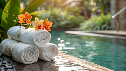 Fresh white towels rolled and placed poolside with vibrant orange orchids, surrounded by lush greenery and soft sunlight, creating a tropical spa setting for ultimate relaxation.