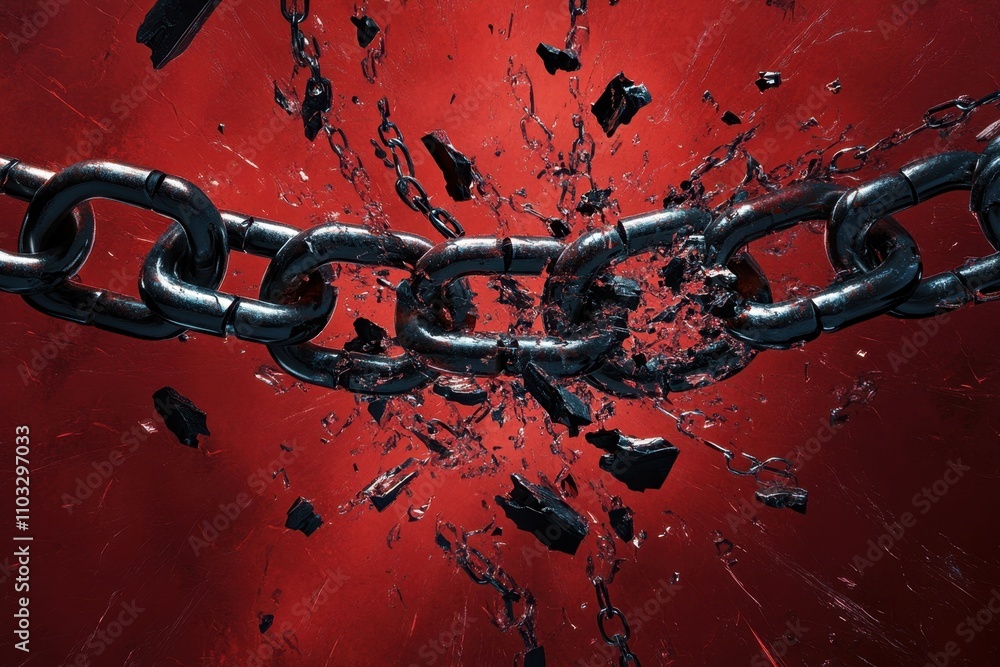 Poster a chain is shown in a red background with a lot of broken links