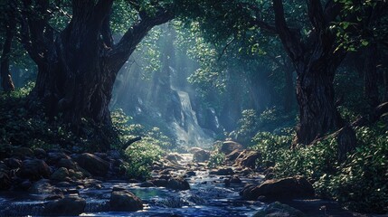 A sunlit stream flowing through a dense forest