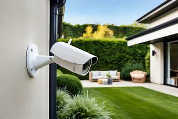 Video surveillance camera mounted on a house on yard background. AI generated