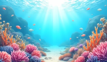 Fototapeta na wymiar Colorful coral reef with fish and sunlight in clear water