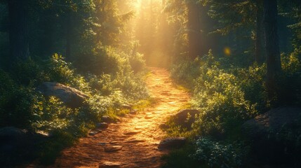 Obraz premium Inviting scenic hiking trail through vibrant forest, perfect for adventure and exploration through nature's serene beauty