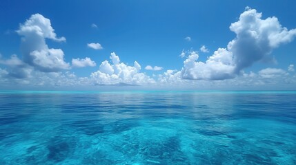 Fototapeta premium Tranquil turquoise water blending into a tranquil blue sky adorned with fluffy white clouds forms a beautiful tropical oasis