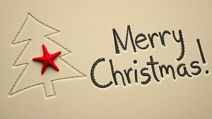 Abstract drawing of a Christmas tree scratched on the sand on the beach by the ocean and red starfish and English Merry Christmas words