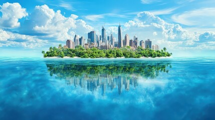A coastal city slowly sinking beneath rising waters, symbolizing the global impact of climate change focus on, environmental collapse, surreal, overlay, sunken city backdrop