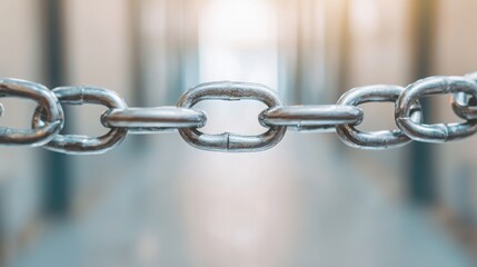 A close-up of a metallic chain link, showcasing its shiny texture and strength, set against a blurred background that suggests depth.