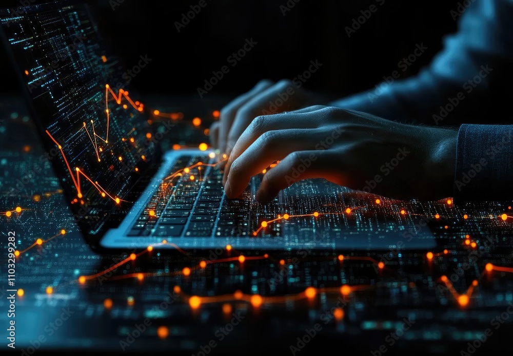 Poster a close-up of hands typing on a laptop with digital data visualization around.