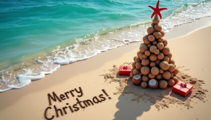 Naklejka premium christmas summer vacation on the beach with christmas tree made from coconuts and starfish Merry Christmas greeting from south 