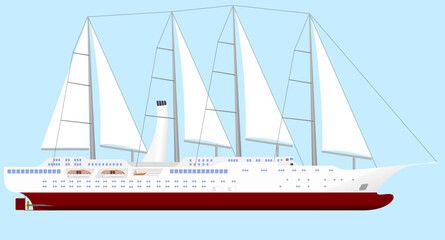 Sailing Cruise Ship. Side profile of a cruise ship with sails. Isolated vector illustration.