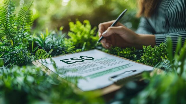 An ESG labeled clipboard rests among lush green foliage, emphasizing the importance of environmental, social, and governance criteria in sustainable decision-making.