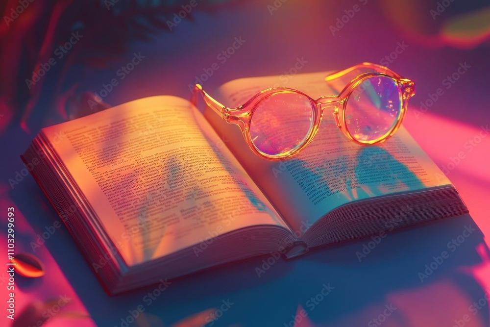 Poster a book is open to a page with a pair of glasses on it