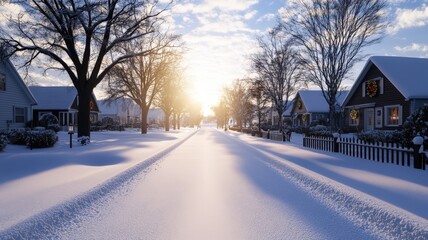 Winter sunrise over snowy street lined with decorated houses and wreaths serene neighborhood landscape peaceful atmosphere