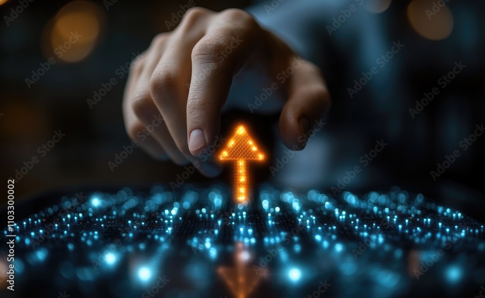 Poster a hand interacts with a glowing upward arrow on a digital interface, symbolizing progress.