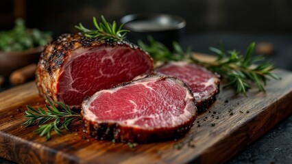 Holiday feast highlight: succulent roast beef slices.  AI-crafted culinary art.