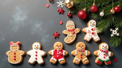 Obraz premium Christmas Background With Gingerbread Cookies. Winter Festive Nature Concept. Flat Lay, Copy Space.