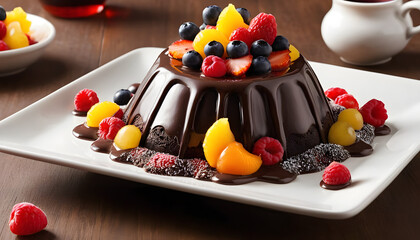 Decadent chocolate pudding cake topped with fresh fruits and served on a square plate