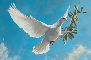 Fototapeta premium A white dove is flying in the sky with a leaf in its beak