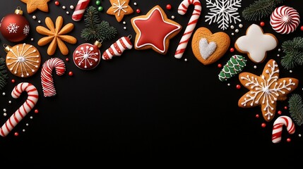 Fototapeta premium christmas sugar gingerbread concept. Festive cookies and candies on a dark background for Christmas.
