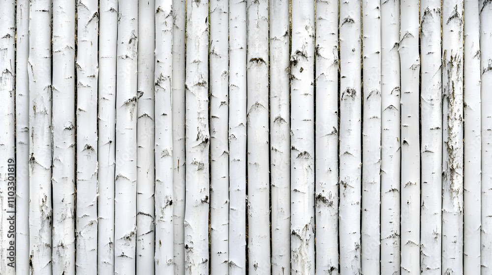 Poster close-up of a rustic white birch log fence. the vertical planks create a textured background ideal f
