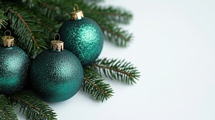 Green Christmas Ornaments on Fir Branches,Close-up of sparkling green Christmas baubles nestled in fir branches against a clean white background, perfect for festive themes.

