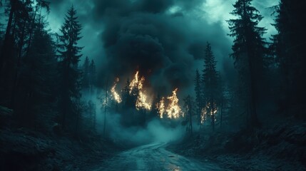 Fototapeta premium A wildfire tearing through a dense forest under a darkened sky