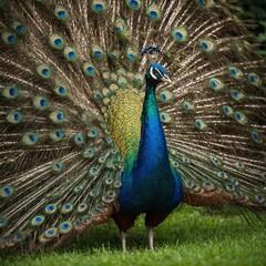 Obraz premium A vibrant peacock spreading its feathers in a lush green garden.