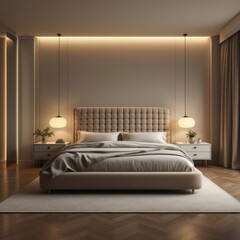 Modern bedroom featuring a beige velvet headboard, digitally enhanced.