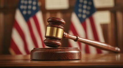 A wooden gavel rests on a sound block, with American flags displayed in the background, symbolizing justice and the legal system.