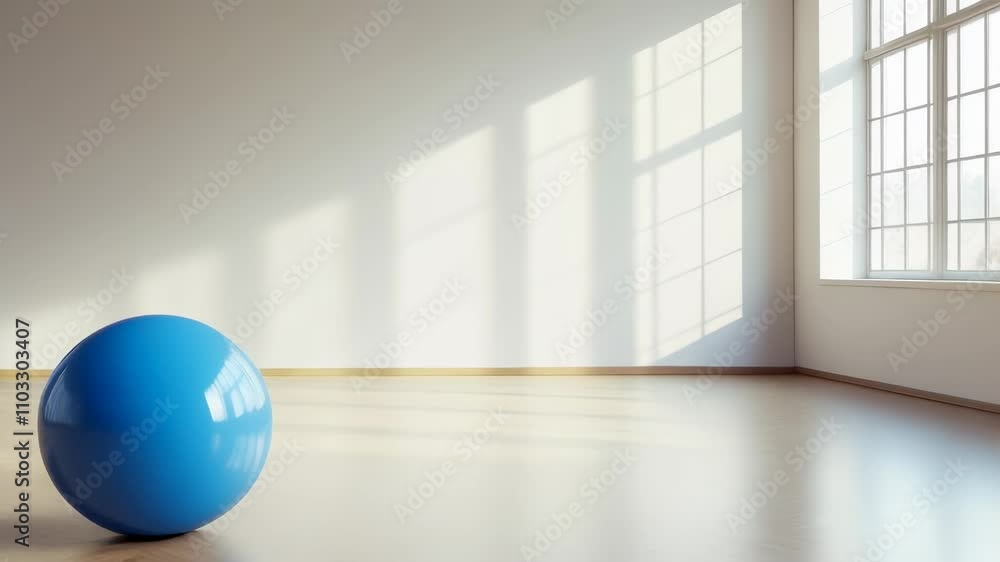 Poster large blue fitness ball sits on a light brown hardwood floor in an empty room bathed in sunlight str