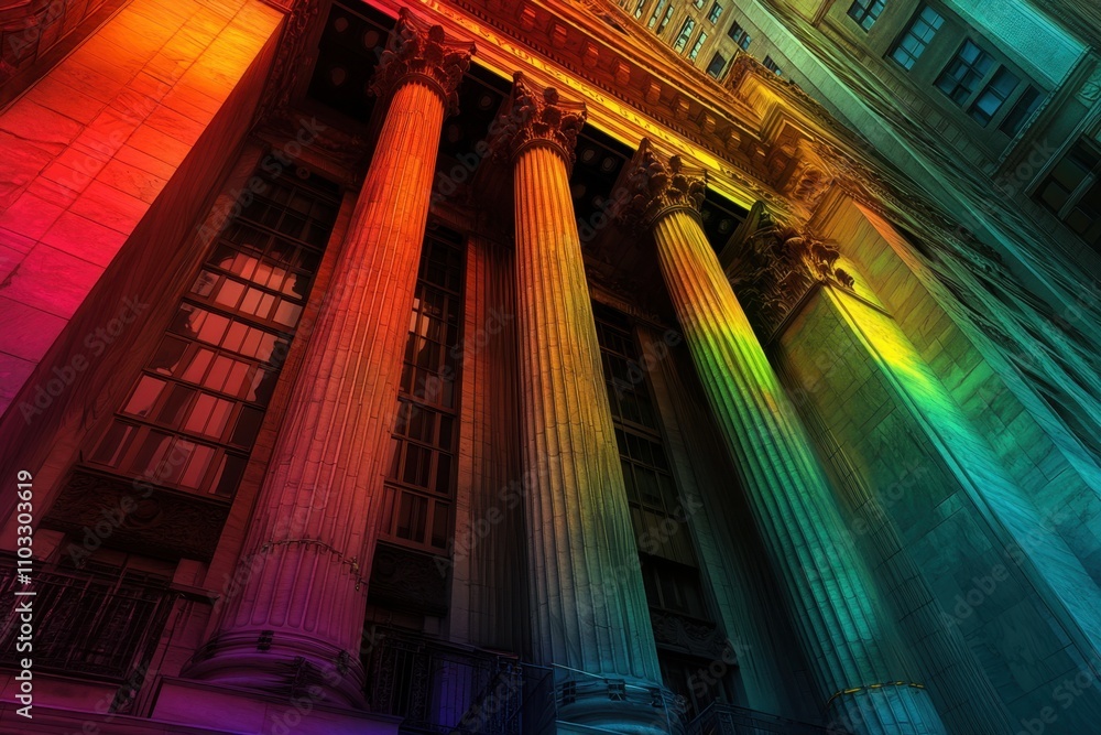 Poster the colorful pillars of a building are illuminated, creating a vibrant