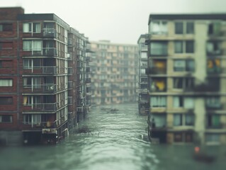 Flooded apartment buildings in a city with water covering the lower floors