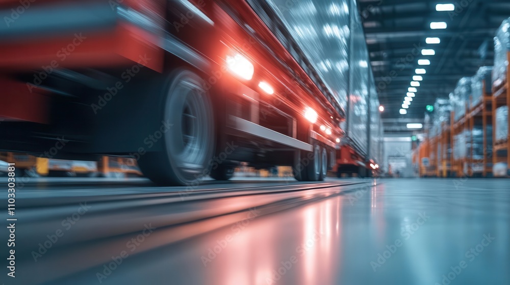 Poster a dynamic view of a truck moving through a modern warehouse showcasing speed and efficiency in logis