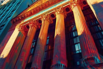 The building has four pillars and a sign on it