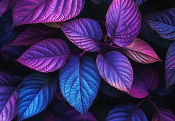 Vibrant Close-Up of Colorful Leaves Displaying Shades of Purple and Blue with Intricate Veins and Textures, Perfect for Nature and Abstract Themes