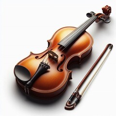 Fototapeta premium A beautiful violin with a rich, warm wood finish and bow, The elegant curves and fine details of the violin highlight its craftsmanship. AI generated. 