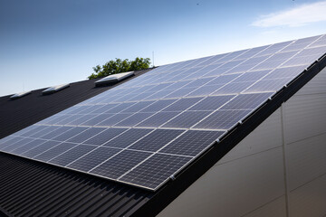 Green eco energy. Concept photo for solar panels. Photovoltaic electric energy. Solar panels on a...