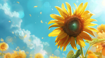 Obraz premium Sunflower blooming on blue sky background. Copy space. Summer concept. Web banner.