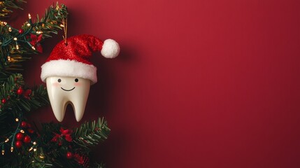 During the holidays, a lively tooth-shaped ornament topped with a festive Santa hat perches on a pine branch, framed by a bright red background.