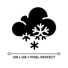 Snow black glyph icon. Cloud with snowflakes falling. Snowy weather or winter conditions. Weather forecast. Silhouette symbol on white space. Solid pictogram. Vector isolated illustration