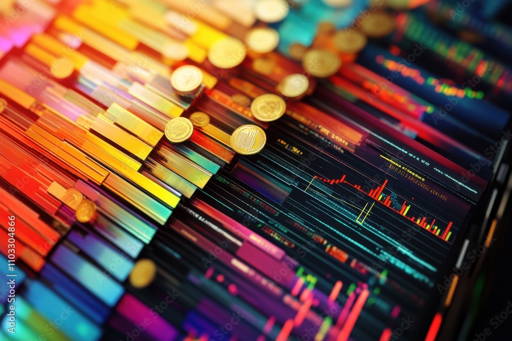 Poster a colorful image of coins and lines with a mood of chaos and disorder