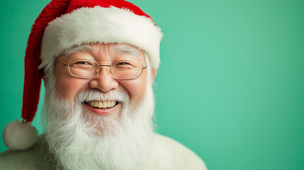 Naklejka premium Asian Santa Claus with Glowing Smile and Bright Red and White Hat on Light Mint Green Background for Seasonal Promotions