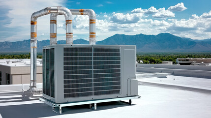 commercial air conditioning and heating system on rooftop with mountains in background, showcasing modern technology and clear skies