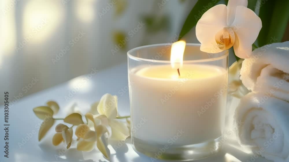 Poster burning candle sits on a table next to rolled up white towels and an orchid flower, creating a tranq