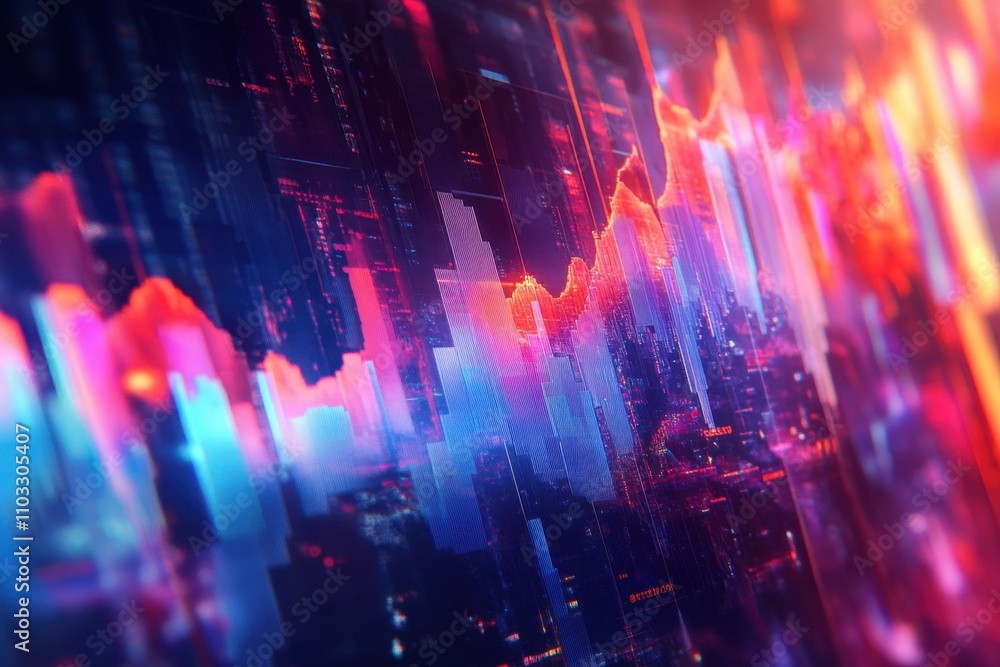 Poster a colorful image of a city skyline with a lot of lines and numbers