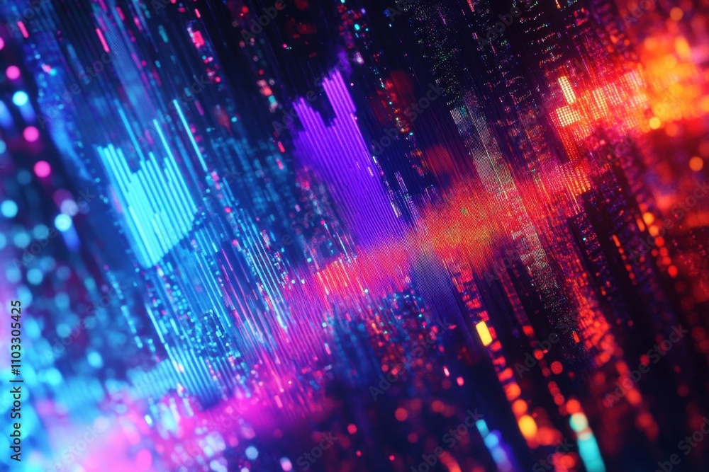 Poster a colorful, abstract image of a cityscape with a purple line running through it
