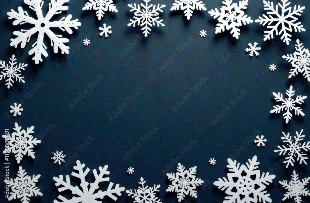 Poster snowflakes of various sizes are artfully arranged on a dark background, adding a touch of winter cha